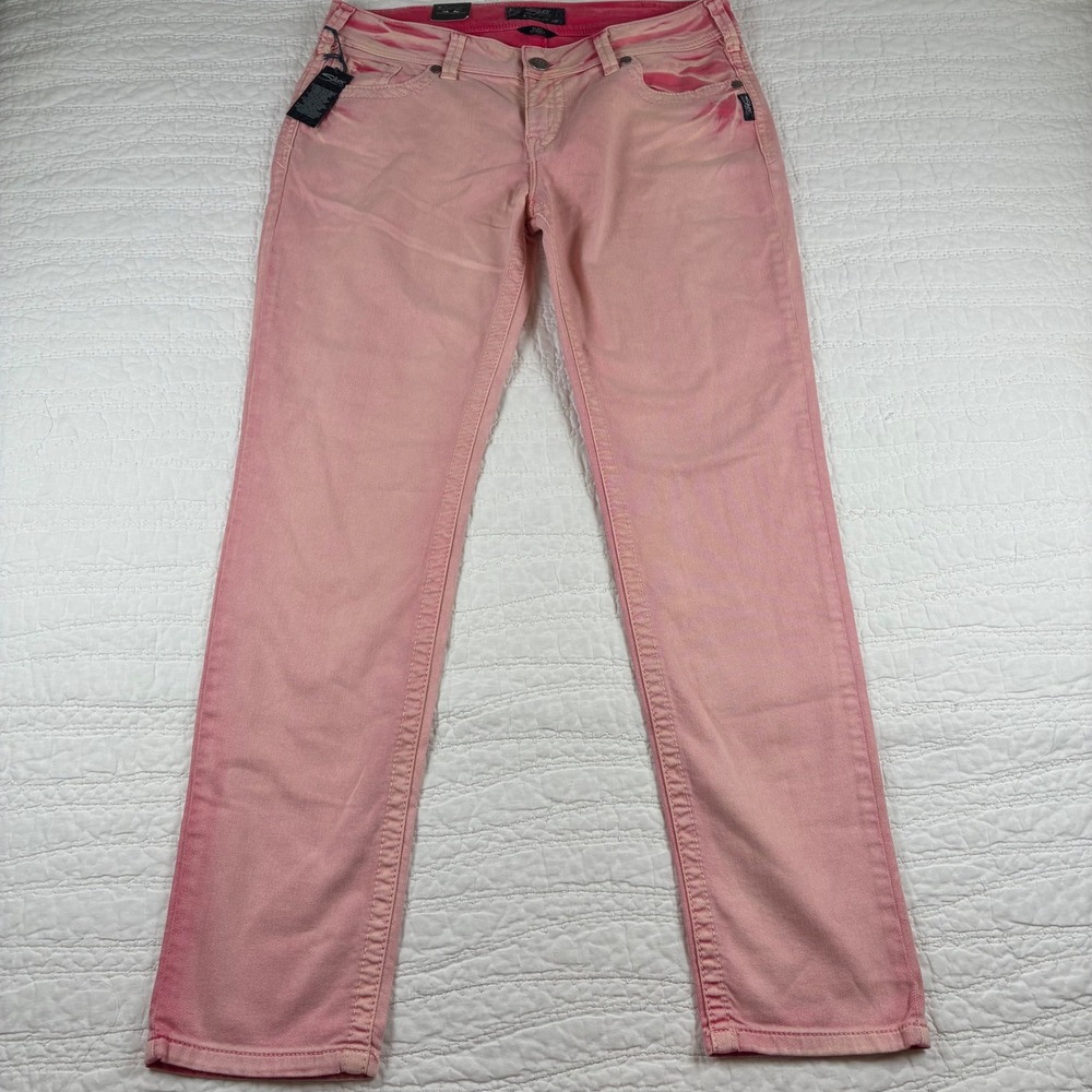 NWT Silver Jeans Co Suki Skinny Pink Orange Acid Wash TieDye Mid Ris Curvy 33X31